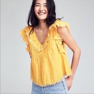 Faherty Yosepha Marigold 100% Linen Fringe Ruffle Top Size M